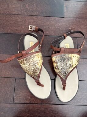 BCBGMaxAzria Brown Leather Thong Sandals with Gold Sequin Panel
